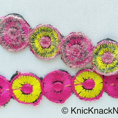 Pink & Yellow Embroidered Circles Cutwork Trim, Approx. 22mm Wide